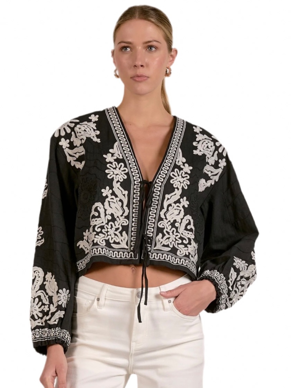 Elan Black Cropped Embroidered Jacket with White Floral Trim